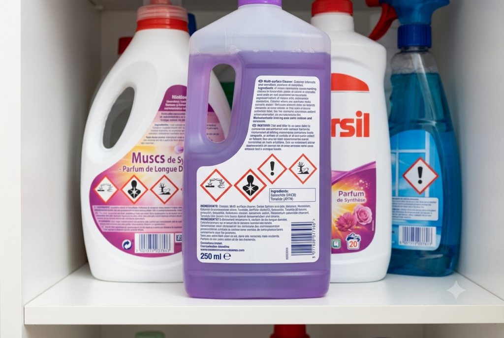 produits ménagers avec pictogrammes de risque galaxolide et tonalide