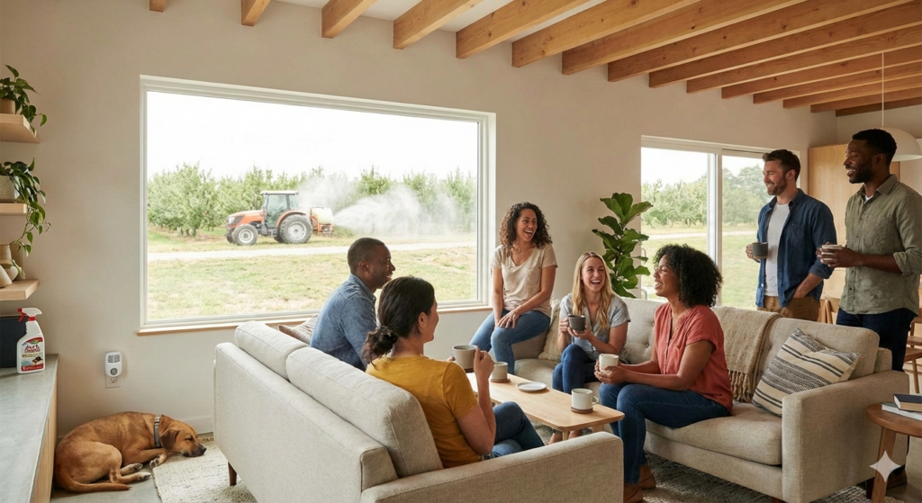 Salon d'une maison d'habitation pour illustrer la présence d'insecticides