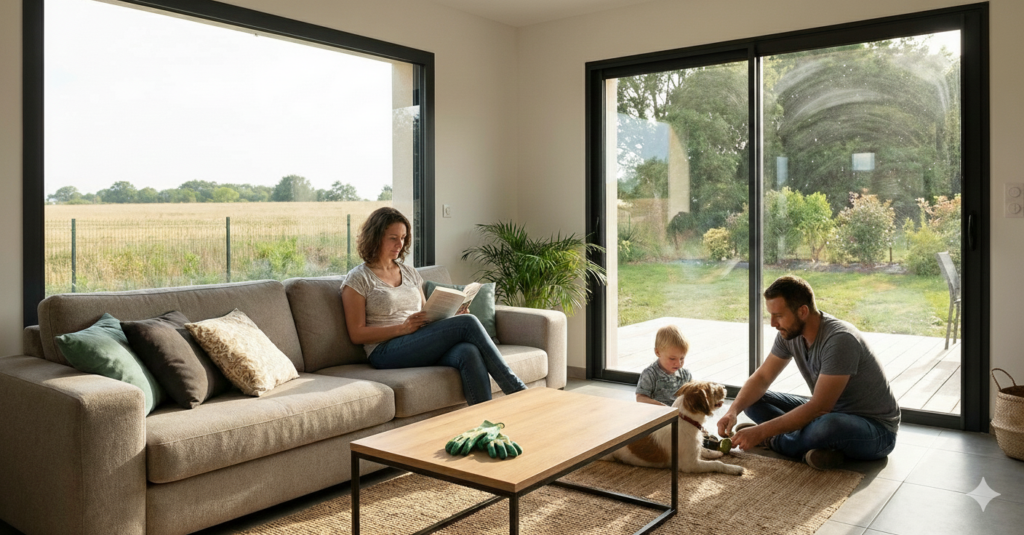 Salon de maison avec une famille pour illustrer la présence d'herbicides dans l'air intérieur