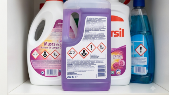 produits ménagers avec pictogrammes de risque galaxolide et tonalide